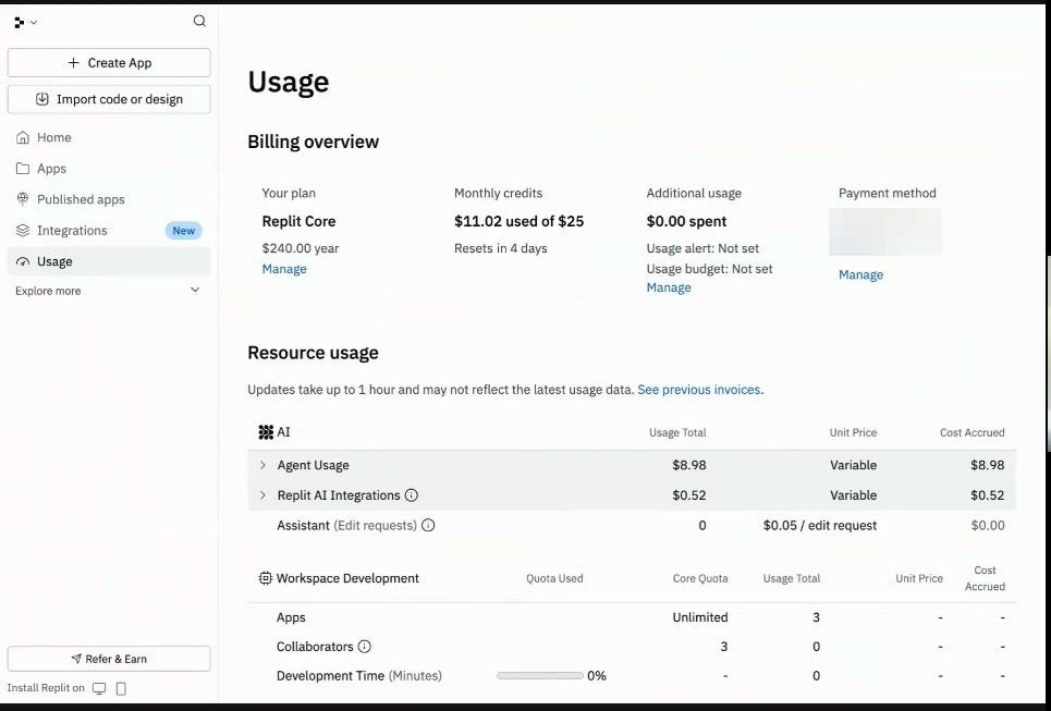Jenny’s real Replit billing screen: Replit Core plan, $11.02 used of $25, Agent Usage $8.98 variable, Assistant $0.05/edit request, 4 days until reset