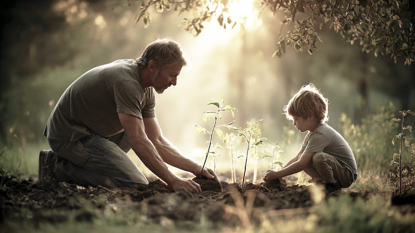 A man kneels in a garden planting seedlings, while a child kneels beside him, copying his actions. The golden evening light glows warmly, suggesting humility as a steady strength that makes room for others to grow.