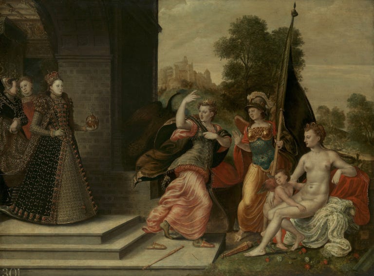 The judgement of Paris: Hans Eworth, Elizabeth I and the Three Goddesses, 1569, Royal Collection Trust, London, UK.
