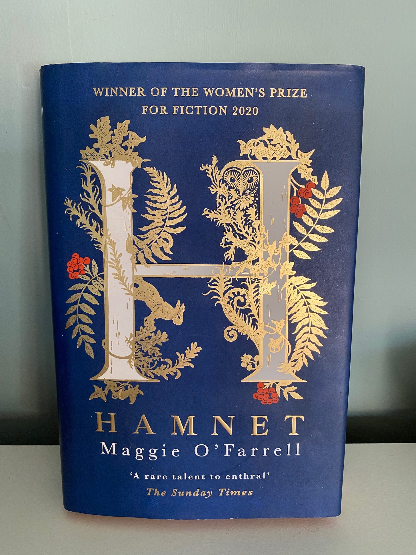 Image of 'Hamnet' by Maggie O'Farrell. Dark blue cover with gold and white lettering. 'Winner of the Women's Prize for Fiction 2020'. Image of 'Hamnet' by Maggie O'Farrell. Dark blue cover with gold and white lettering. 'Winner of the Women's Prize for Fiction 2020'.