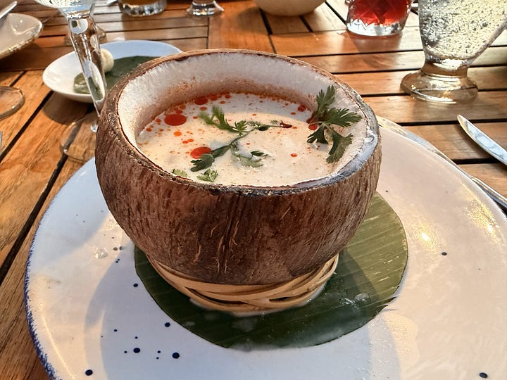 Coconut soup, salmon tiradito, white fish topped with escargots, octopus in ginger butter