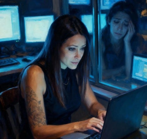 woman sitting and working at her desk, burnt out and tired