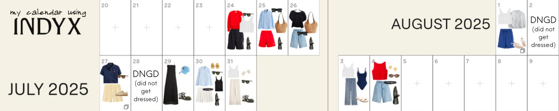 Indyx app two-week calendar view showing daily outfit plans and wardrobe organization. Indyx app two-week calendar view showing daily outfit plans and wardrobe organization.