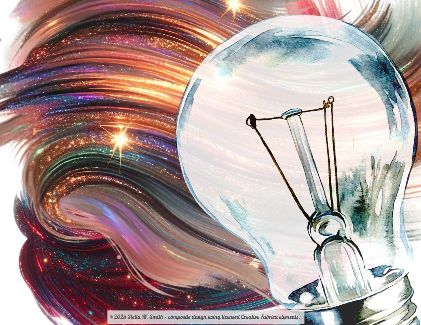 A watercolor light bulb anchored in soft metallic swirls of bronze, rose, and indigo — symbolizing the fusion of creativity and stillness. The steady glass of the bulb contrasts with the flowing motion around it, capturing the moment when divine insight rests instead of rushes. A watercolor light bulb anchored in soft metallic swirls of bronze, rose, and indigo — symbolizing the fusion of creativity and stillness. The steady glass of the bulb contrasts with the flowing motion around it, capturing the moment when divine insight rests instead of rushes.