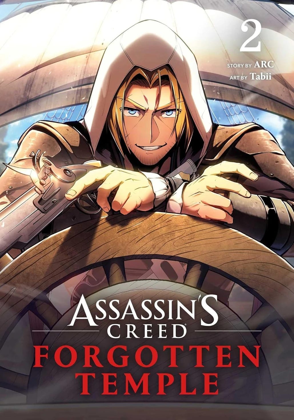 Stylized cover art for Assassin's Creed: Forgotten Temple Volume 2, featuring a confident, blond-haired assassin in a hooded cloak gripping a steering wheel and aiming a flintlock pistol. The background suggests a large airship with curved sails, while bold title text sits over the wooden wheel.
