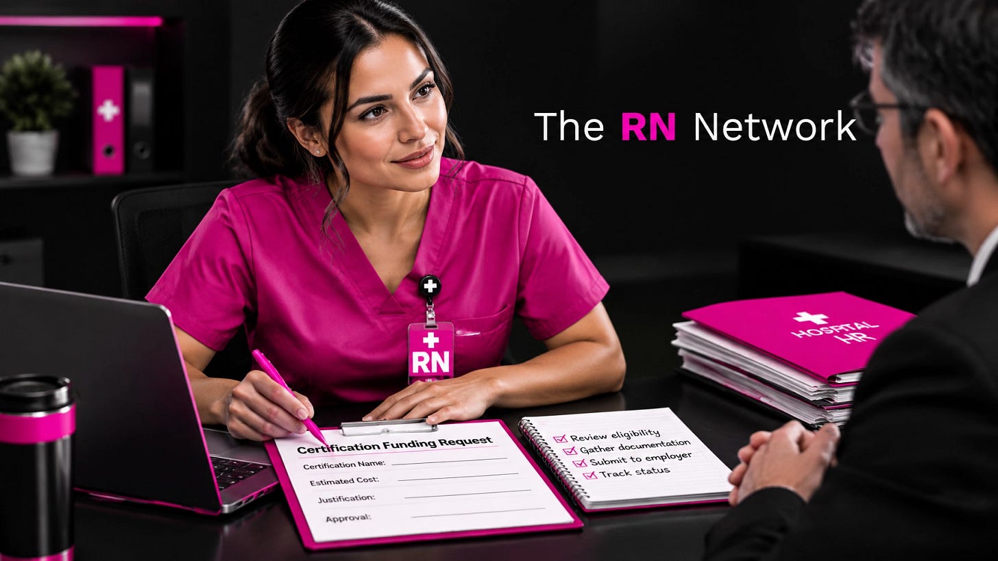 Registered nurse planning a certification funding request with an employer in RN Network brand colors