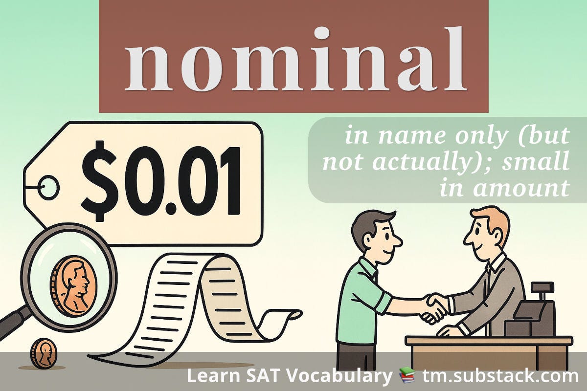 A simple illustration showing a price tag with "$0.01" and a magnifying glass revealing a penny, next to a long contract/receipt unrolling. On the right, two people shake hands in a business transaction. The scene demonstrates something that appears official or significant but has minimal actual value. Positioned against a mint green background; used to illustrate the SAT word 'nominal'.