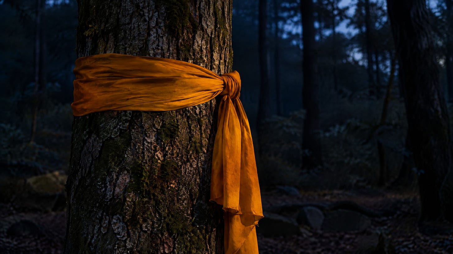 An old tree trunk in a dark forest at dusk, with a band of saffron cloth tied around it and its ends hanging down. An old tree trunk in a dark forest at dusk, with a band of saffron cloth tied around it and its ends hanging down.