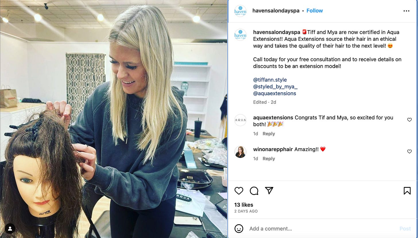 Tiff and Mya are now certified in Aqua Extensions!! Aqua Extensions source their hair in an ethical way and takes the quality of their hair to the next level! 😍 Call today for your free consultation and to receive details on discounts to be an extension model! Image: Blonde girl doing extensions on a mannequin head Tiff and Mya are now certified in Aqua Extensions!! Aqua Extensions source their hair in an ethical way and takes the quality of their hair to the next level! 😍 Call today for your free consultation and to receive details on discounts to be an extension model! Image: Blonde girl doing extensions on a mannequin head