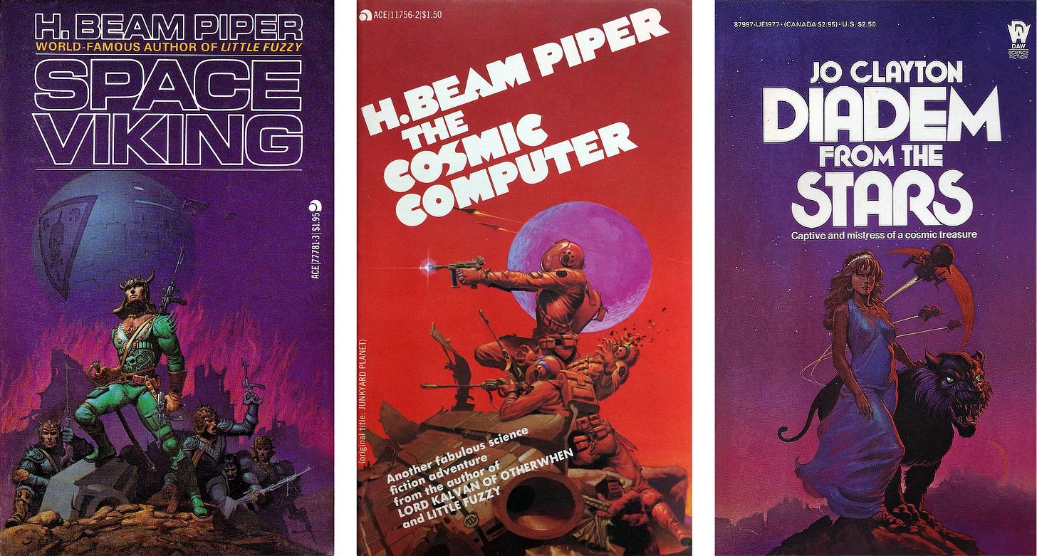 Three paperback covers side-by-side: SPACE VIKING and THE COSMIC COMPUTER by H. Beam Piper, published by Ace Books, and DIADEM FROM THE STARS by Jo Clayton, published by DAW Books.