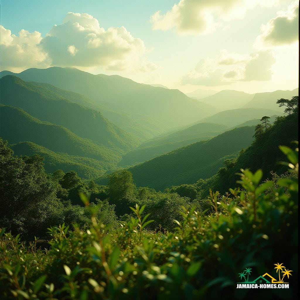 Vibrant Jamaican landscape with rolling hills and lush green mountains, shot on 35mm film with a V-Raptor XL camera, showcasing