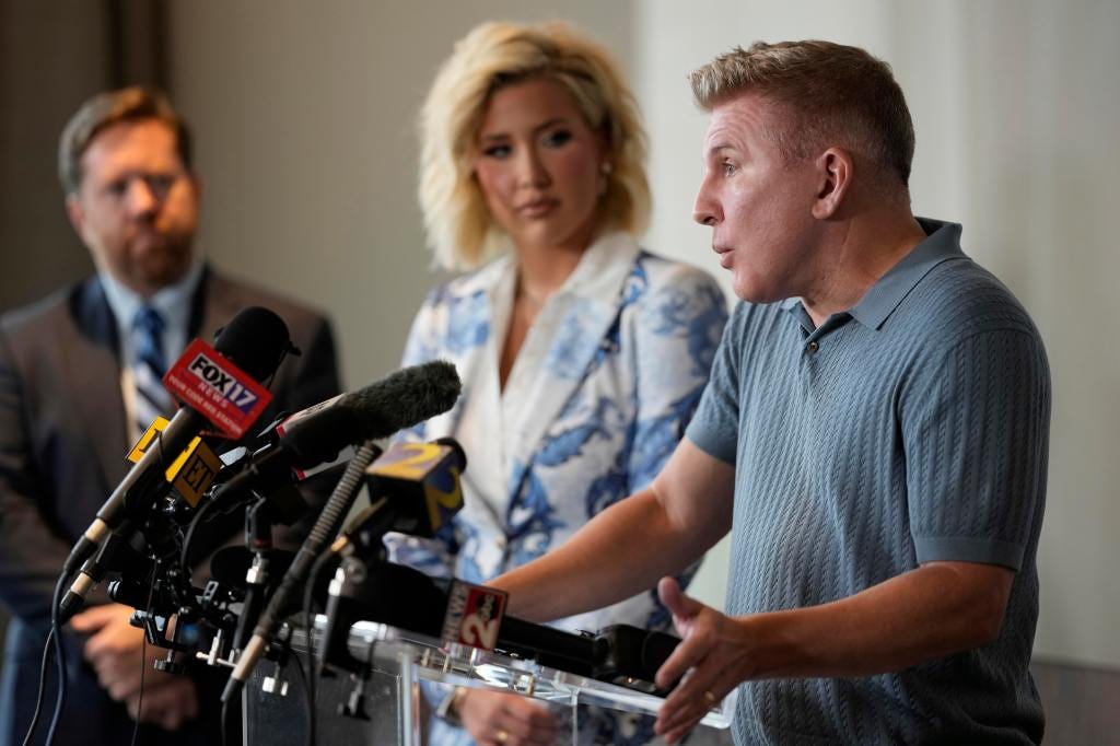 Todd Chrisley and his daughter Savannah Chrisley hold a press conference on Friday, May 30, 2025.