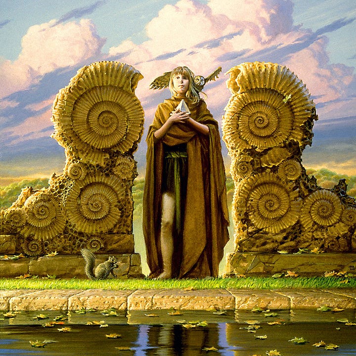LEFT: Detail from PRUDENCE featuring an adolescent girl with straight blonde hair clutching a glass pyramid to her chest as she steps through a break in a wall made of ammonite fossil spirals. RIGHT: Foreground detail from PRUDENCE featuring a squirrel in the grass stopping to lift a nut to its mouth. Flagstones border water where leaves rest on the placid, reflective surface.