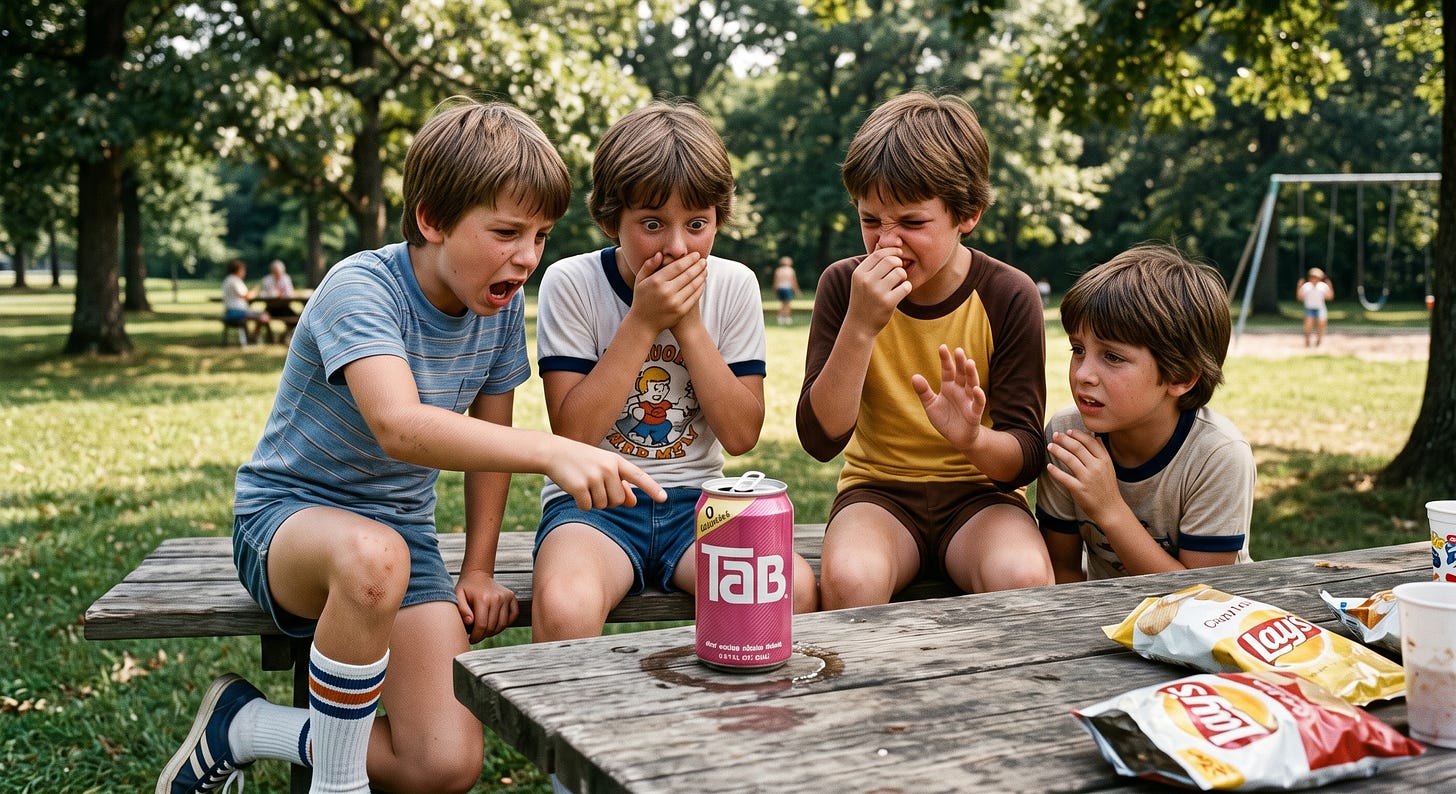 a single can of TAB soda and a group of 10-year-old boys reacting with horror