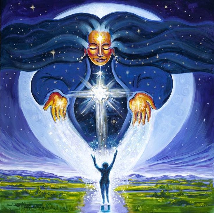 This may contain: a painting of a person holding the cross in front of a full moon and stars This may contain: a painting of a person holding the cross in front of a full moon and stars