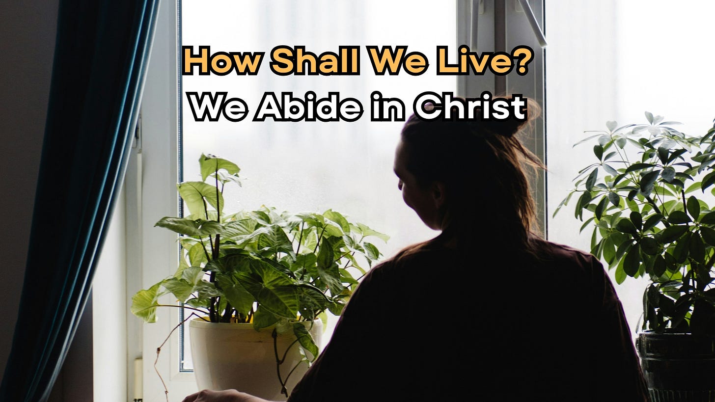 Image of a woman standing in front of a window next to a potted plant. It includes the text: "How Shall We Live? We Abide in Christ"