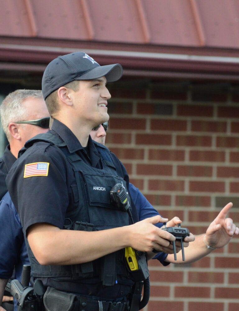Mokena Police Officer Gregory Anicich learns how to operate one of the Village’s new drones Tuesday, July 20, during a training session in New Lenox. Mokena Police Officer Gregory Anicich learns how to operate one of the Village’s new drones Tuesday, July 20, during a training session in New Lenox.
