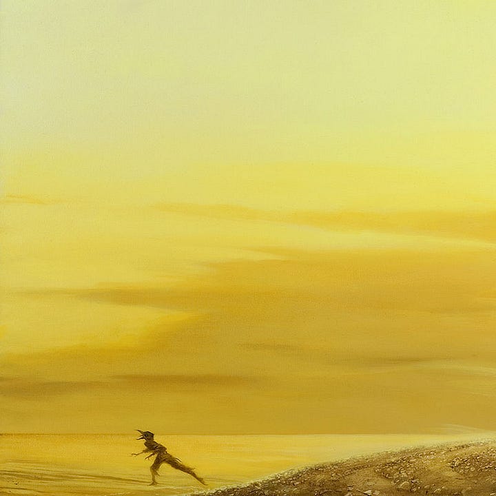 LEFT: Background detail from THE GUNSLINGER FOLLOWED featuring a Taheen, a bird headed humanoid, set in profile with beak open in a shriek. The wide positioning of its legs suggest that it just pivoted and took a step. RIGHT: Figure detail from THE GUNSLINGER FOLLOWED featuring Roland trudging across a burning yellow desert. His shadow carries long into the immediate right foreground. Translucent wisps of sand blow across his path lending a surreal feeling to the path he walks. A sign stuck in the sand suggests a cross shaped grave marker tangled with wire. The top board is a rectangular while the bottom has a subtle point to it directing forward. Half buried in sand and gravel is a human skull.