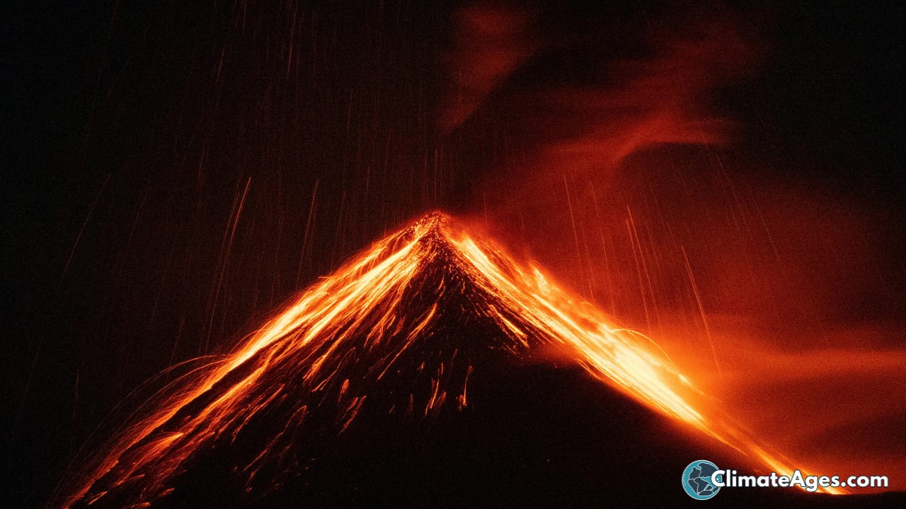 A steep, cone-shaped volcano erupting at night, with glowing lava flowing down its sides and sparks rising into a dark, stormy sky. The scene emphasizes heat, fire, and volcanic activity against a black background.