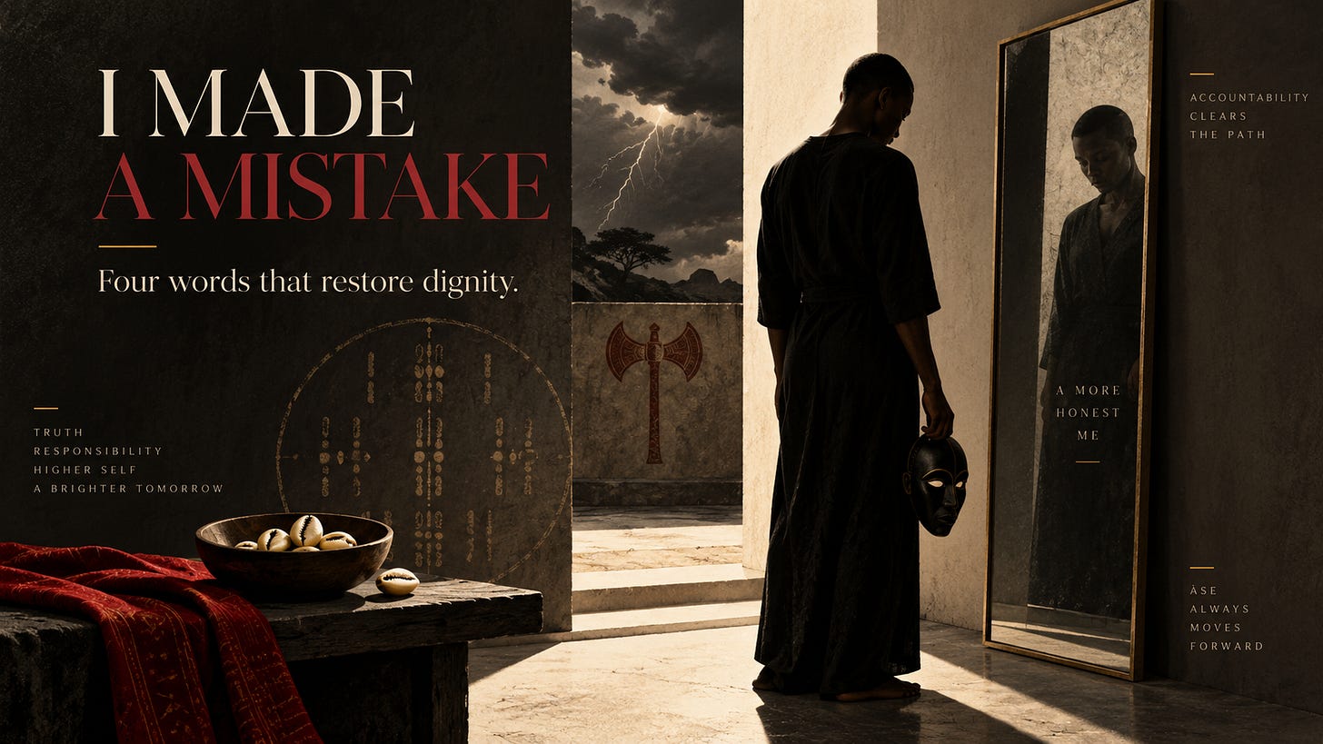 A contemplative Black person stands before a tall mirror holding a dark mask at their side. Warm light enters from a doorway while storm clouds and lightning appear in the distance, alongside subtle cowrie shells, an Ifá-inspired circular motif, and a Ṣàngó double-axe symbol. Large text reads “I MADE A MISTAKE — Four words that restore dignity.”