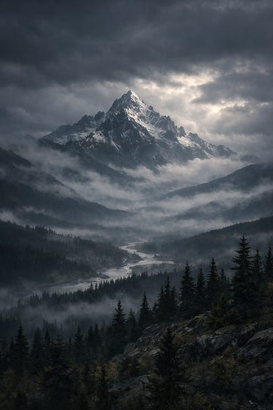 Distant view of Mount Ghakis rising above the misty Barovian valley, jagged snowcapped peak looming over dark forests and winding rivers, atmospheric and foreboding but majestic, overcast sky with pale light breaking through clouds