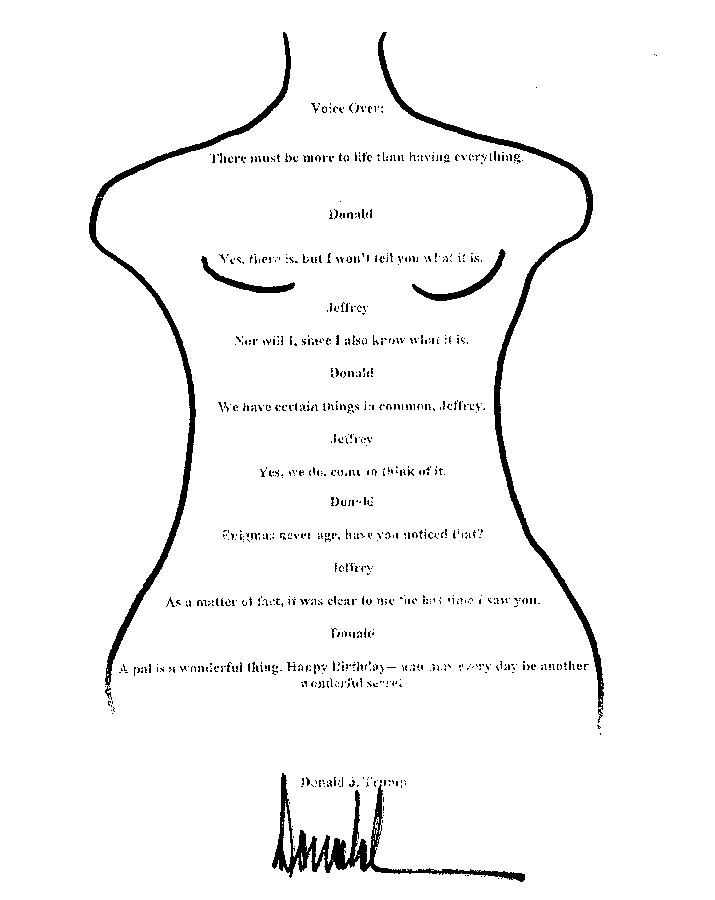 A handwritten note shaped like an apple outline. The note includes text with dialogue between Donald Trump and Jeffrey Epstein, mentioning a "wonderful secret" they shared. Donald Trump\'s signature is visible at the bottom.