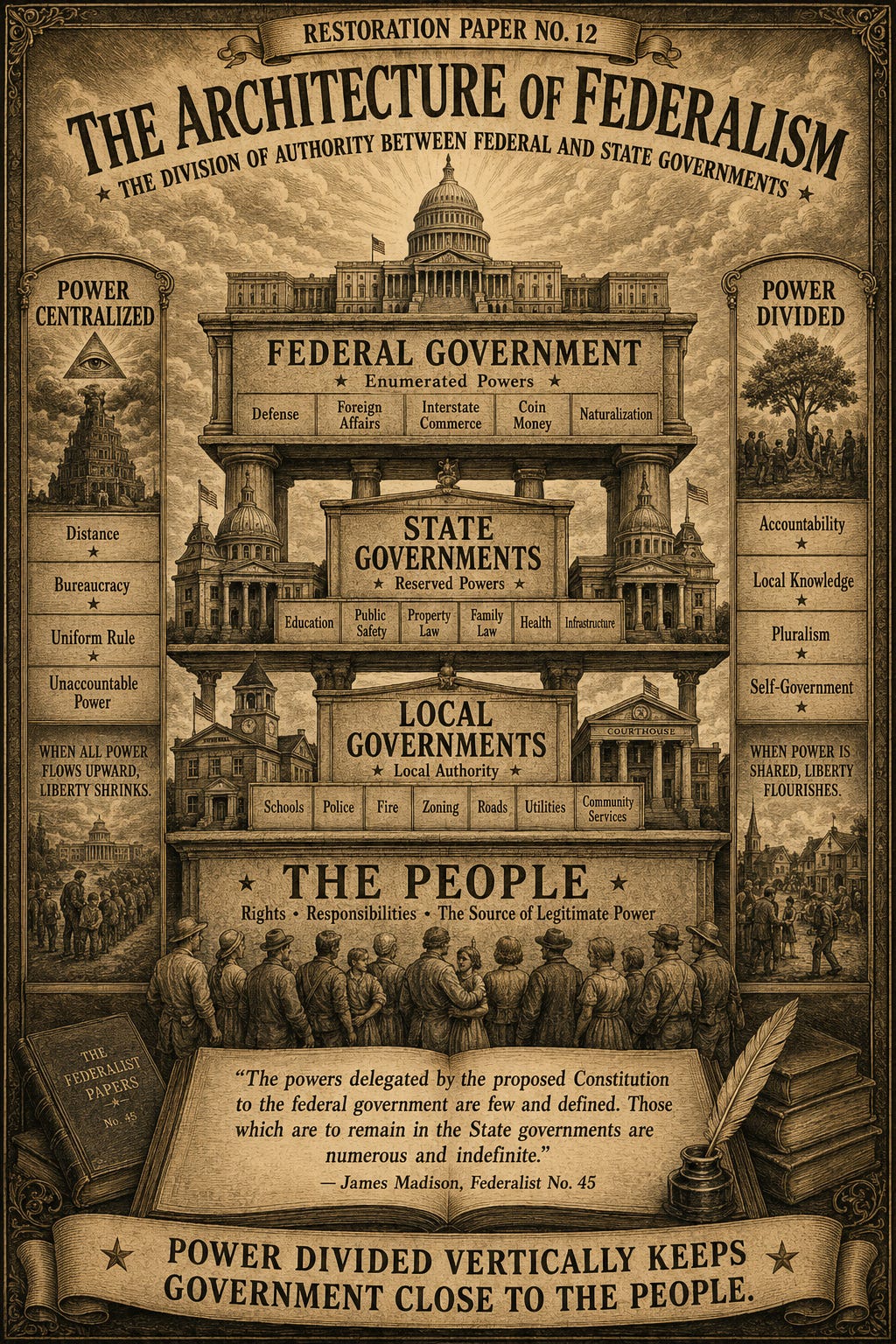 Vintage constitutional-style illustration titled “The Architecture of Federalism,” showing American government as a layered structure. The federal government sits at the top with enumerated powers, state governments beneath it with reserved powers, local governments below them, and “The People” as the foundation. Side panels contrast centralized power with divided power, while a Madison quote from Federalist No. 45 appears in an open book at the bottom. Vintage constitutional-style illustration titled “The Architecture of Federalism,” showing American government as a layered structure. The federal government sits at the top with enumerated powers, state governments beneath it with reserved powers, local governments below them, and “The People” as the foundation. Side panels contrast centralized power with divided power, while a Madison quote from Federalist No. 45 appears in an open book at the bottom.