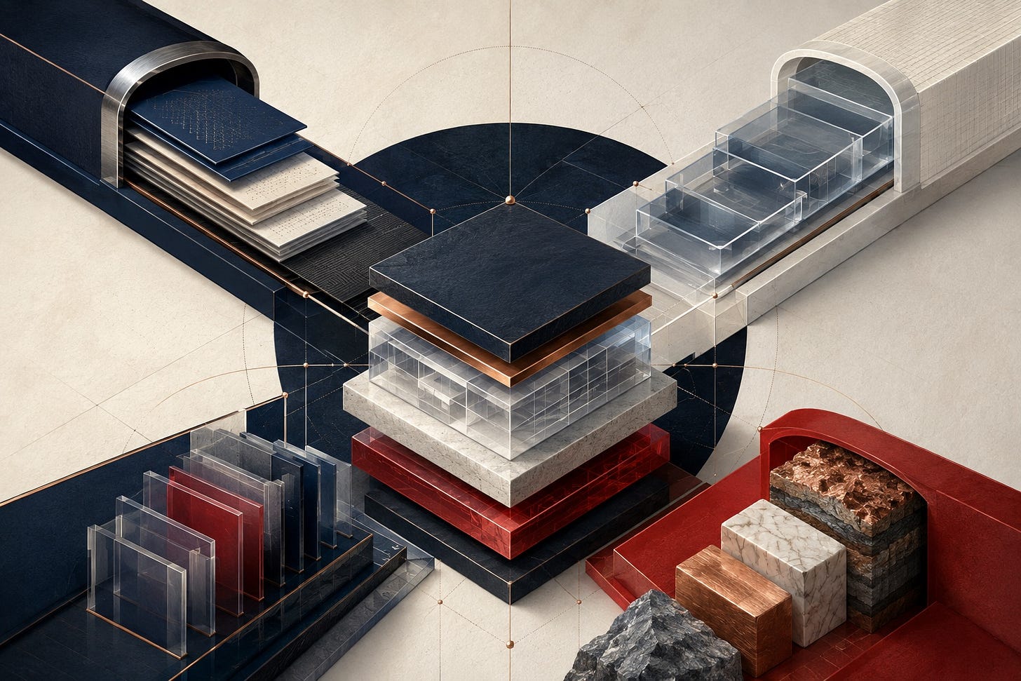 Editorial illustration of separate bond, revolving-credit, strategic-equity and acquisition channels assembling a layered Canadian capital stack, with quantum, manufacturing and mineral cues. Editorial illustration of separate bond, revolving-credit, strategic-equity and acquisition channels assembling a layered Canadian capital stack, with quantum, manufacturing and mineral cues.