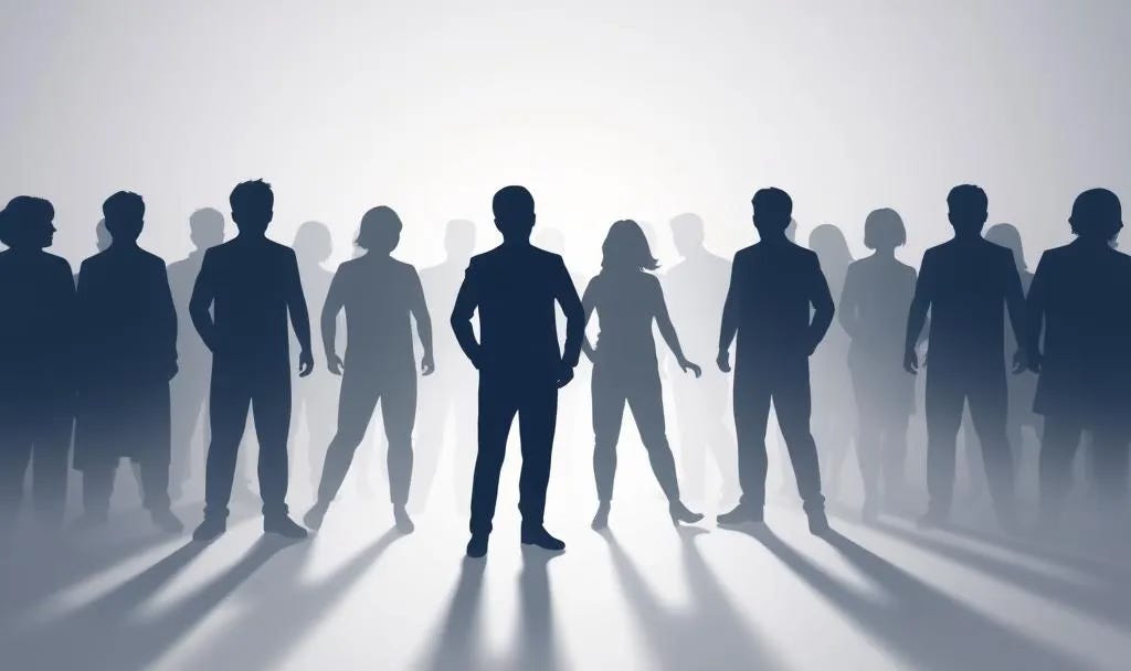 Silhouettes of diverse individuals standing together, with a prominent figure in the foreground, against a bright, hazy light, symbolizing community, leadership, and growth.