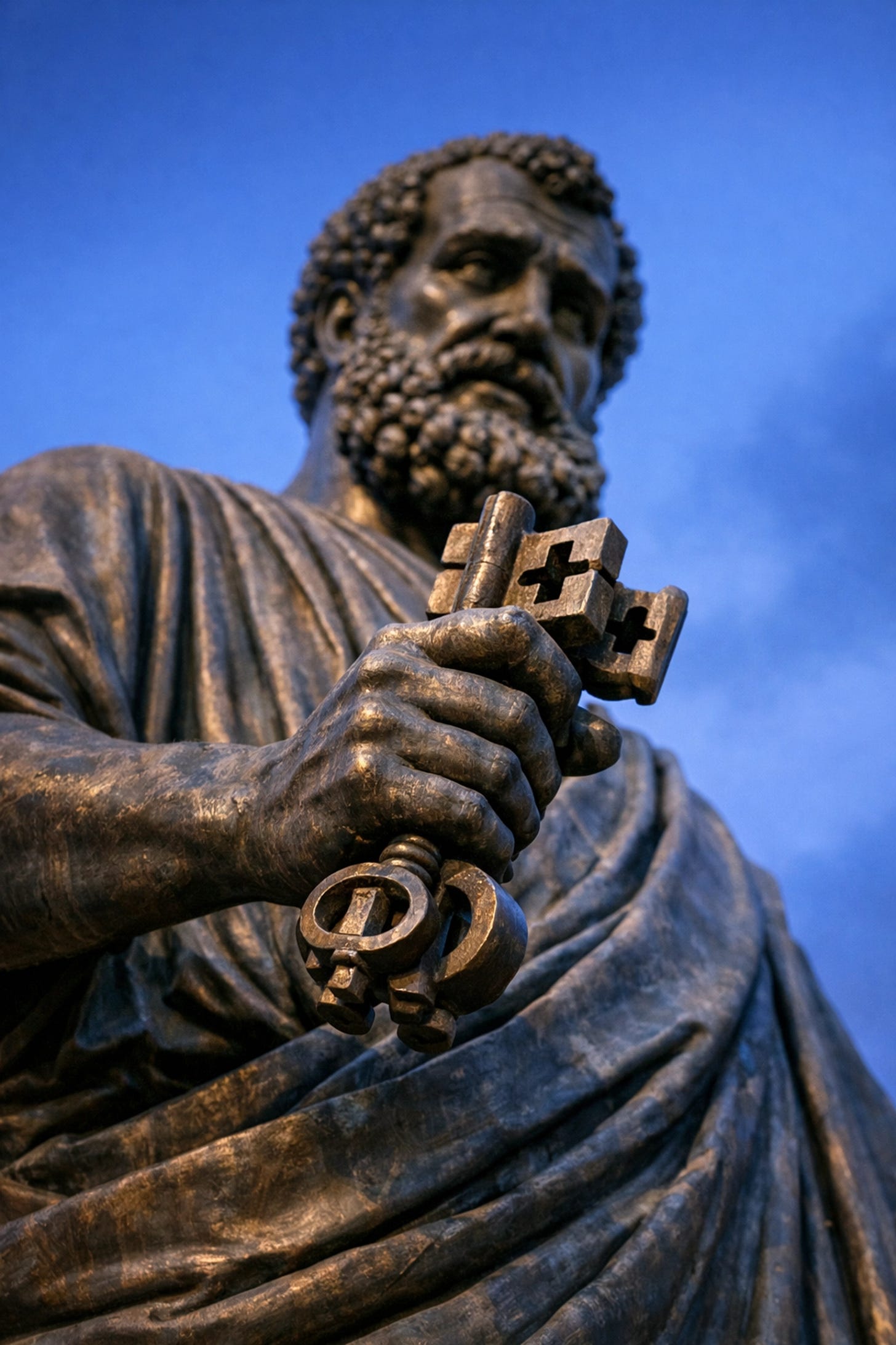 Bronze statue of St. Peter holding keys, representing the authority of the Catholic Magisterium and Church | Dr. Marcus Peter