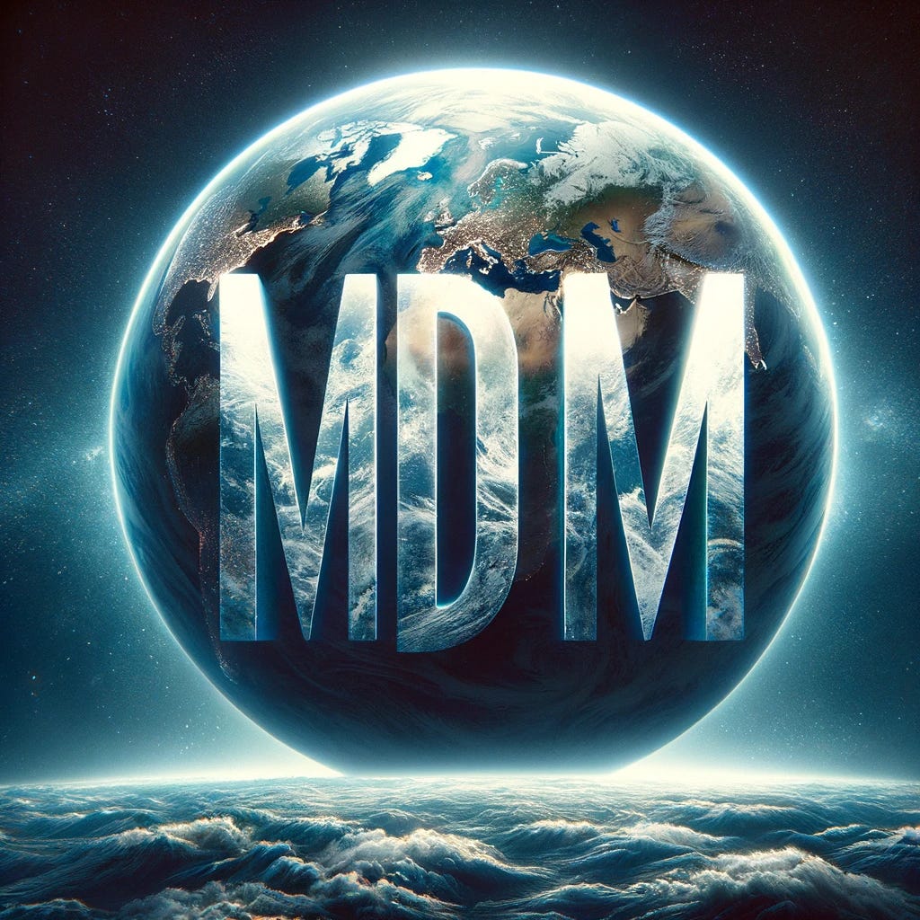 Create an image with the letters "M D M" written in a smaller size, with a significant space between each letter. These letters should be placed over a larger, more detailed depiction of the Earth, with the globe occupying the majority of the background. The continents and oceans should be visible in high detail, emphasizing the vastness and beauty of the Earth. The letters should be subtly integrated into the scene, ensuring they are clear but not dominating, to create a balanced composition that highlights the prominence of the globe.