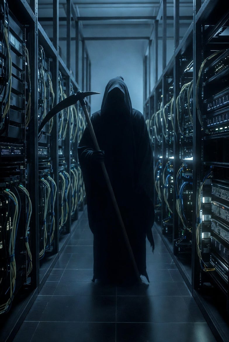 A black and white photograph of a data center interior with a superimposed Grim Reaper figure. A black and white photograph of a data center interior with a superimposed Grim Reaper figure.