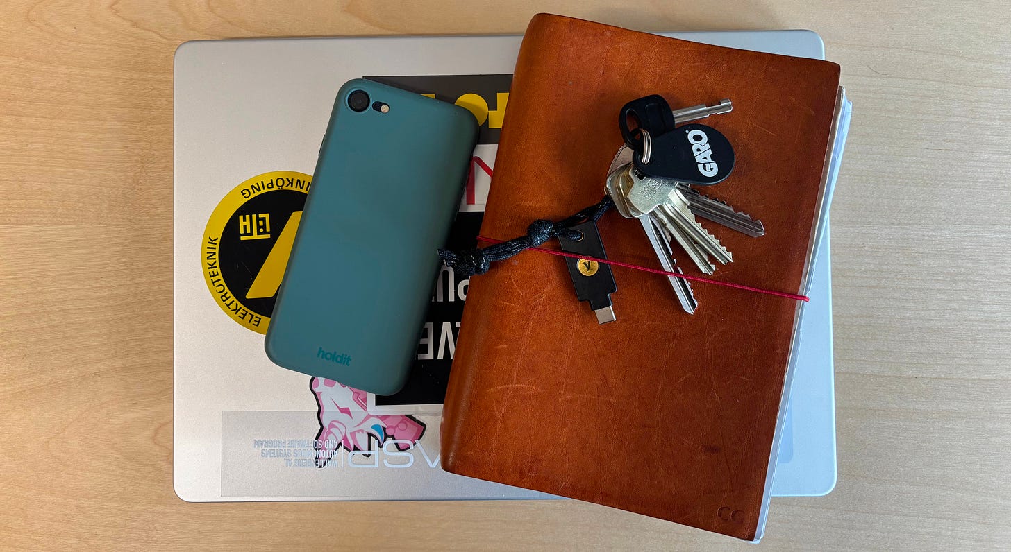 Computer, notebook, phone and Yubikey. Computer, notebook, phone and Yubikey.