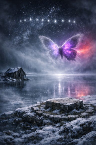 Frozen dead river mouth beneath thirteen aligned stars, smooth glassy ice stretching into distance, frozen lake pale under impossible sky, warped shack leaning at water’s edge, cracked moss‑choked stone circle dusted with snow, vast cylinder of shadowed fog enclosing everything, enormous mist‑woven butterfly hovering above lake, wings shifting from gray to furious violet as crimson light pulses through eastern fog