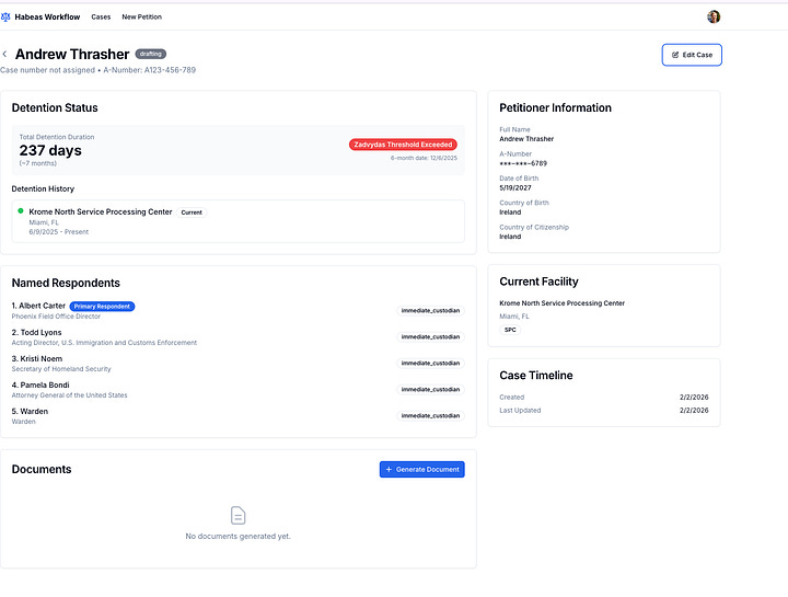 Screenshots of working prototype for petition wizard and case management workflows.