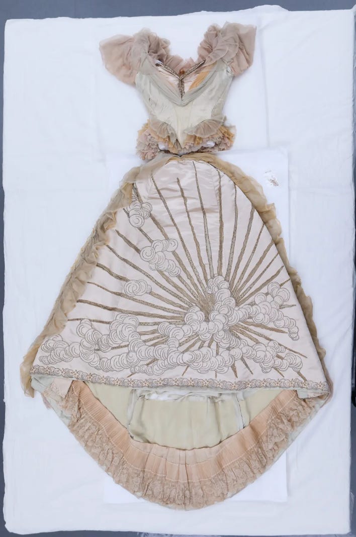 Charles Worth 1887 ballgown on display at the 2024 Met Gala and Exhibition, "Sleeping Beauties: Reawakening Fashion"