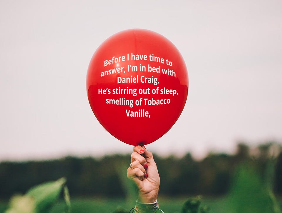 Photo of a red balloon with some of the text of Maria Taylor's poem on