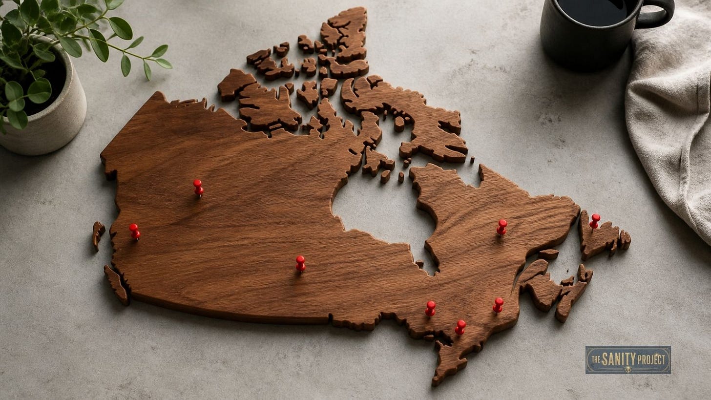 Map of Canada with pins marking hardware store ownership locations across provinces. Map of Canada with pins marking hardware store ownership locations across provinces.