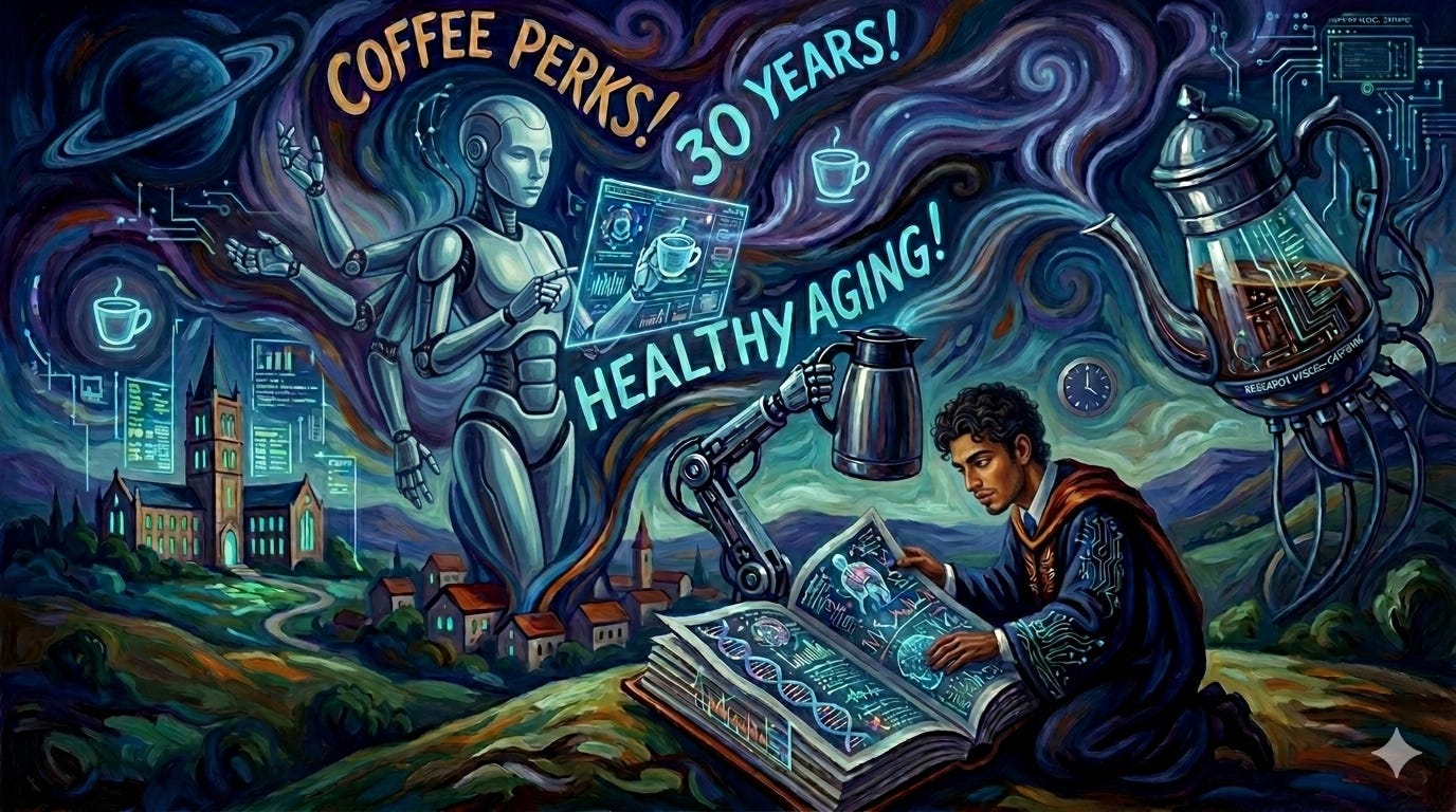 Abstract image of a robot, coffee machine, and person poring over a scientific tome. Images of coffee mugs in the background with the words "healthy aging" and "coffee perks"