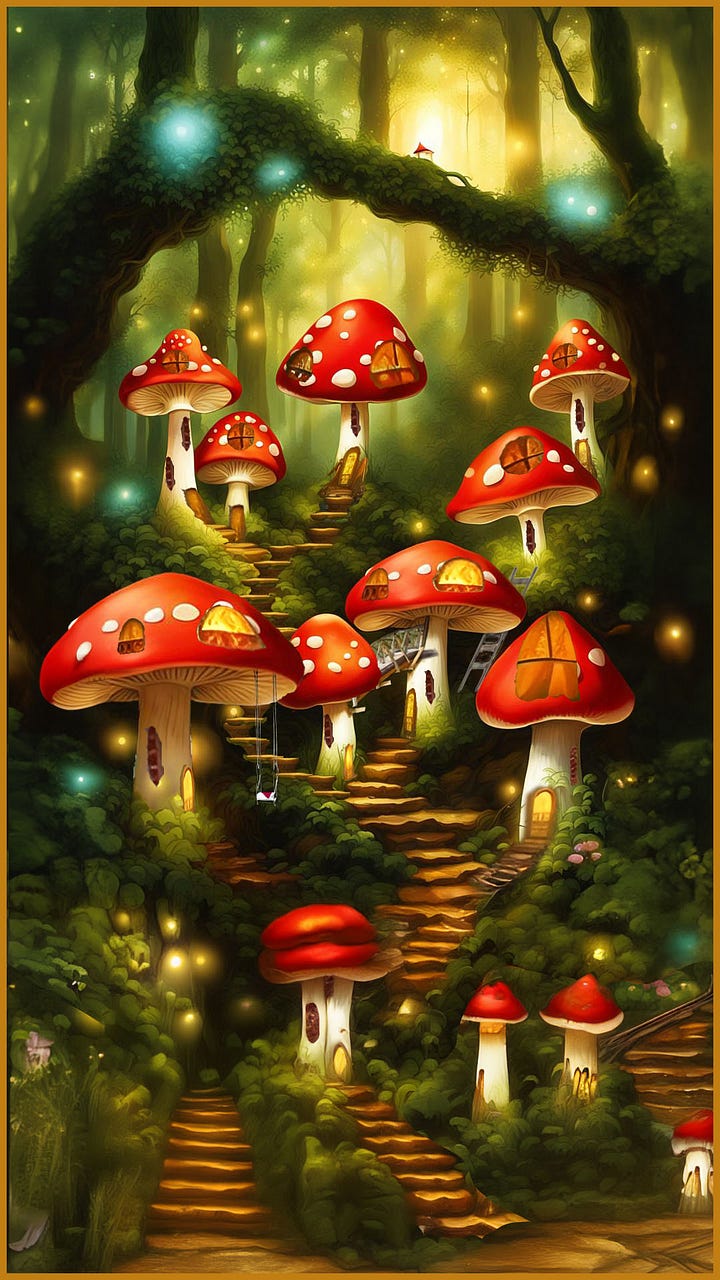A mushroom village located in a forest.