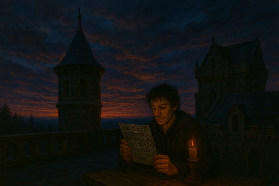 The rooftop of Argynvostholt at dusk, moments before the phantom knights attack. The ancient stone battlements are cracked and weathered, lined with broken gargoyles and moss-covered crenellations. The sky is a deep violet fading into indigo, streaked with the last orange light of sunset. A cold wind stirs the tattered banners hanging from rusted poles. Shadows stretch long across the rooftop, and faint spectral mist begins to rise from the cracks in the stone. The atmosphere is tense and foreboding, with the sense that something ancient and wrathful is about to awaken. The rooftop of Argynvostholt at dusk, moments before the phantom knights attack. The ancient stone battlements are cracked and weathered, lined with broken gargoyles and moss-covered crenellations. The sky is a deep violet fading into indigo, streaked with the last orange light of sunset. A cold wind stirs the tattered banners hanging from rusted poles. Shadows stretch long across the rooftop, and faint spectral mist begins to rise from the cracks in the stone. The atmosphere is tense and foreboding, with the sense that something ancient and wrathful is about to awaken.