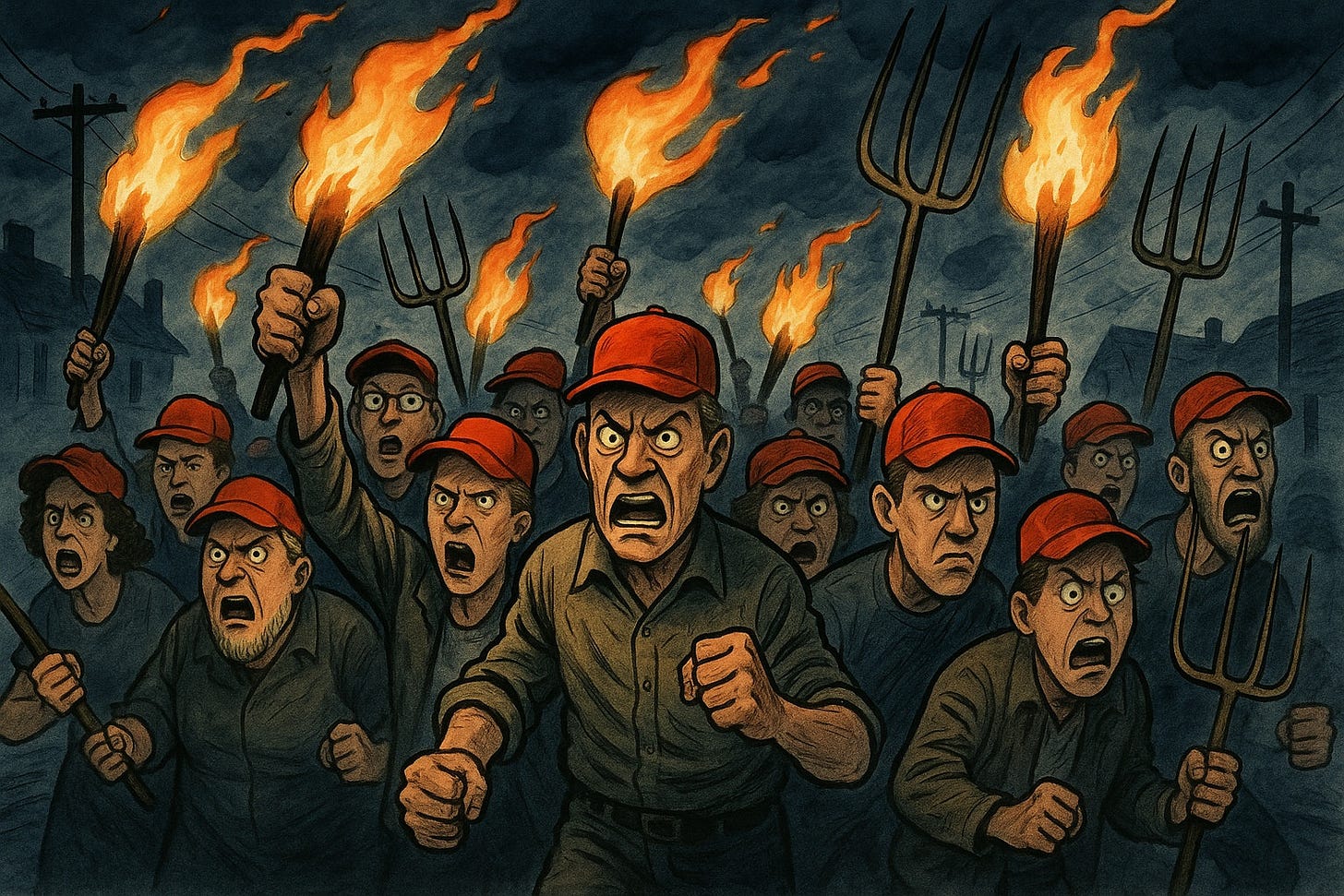 An illustration depicting an angry mob of people wearing red caps, carrying torches and pitchforks in a nighttime scene. The crowd shows intense, agitated expressions with wide eyes and open mouths. The dramatic lighting comes from orange flames of the torches against a dark, stormy sky background. The art style resembles classic editorial cartoons or vintage monster movie scenes showing villagers with farming tools. The composition emphasizes crowd psychology and collective emotion through exaggerated facial expressions and body language. An illustration depicting an angry mob of people wearing red caps, carrying torches and pitchforks in a nighttime scene. The crowd shows intense, agitated expressions with wide eyes and open mouths. The dramatic lighting comes from orange flames of the torches against a dark, stormy sky background. The art style resembles classic editorial cartoons or vintage monster movie scenes showing villagers with farming tools. The composition emphasizes crowd psychology and collective emotion through exaggerated facial expressions and body language.