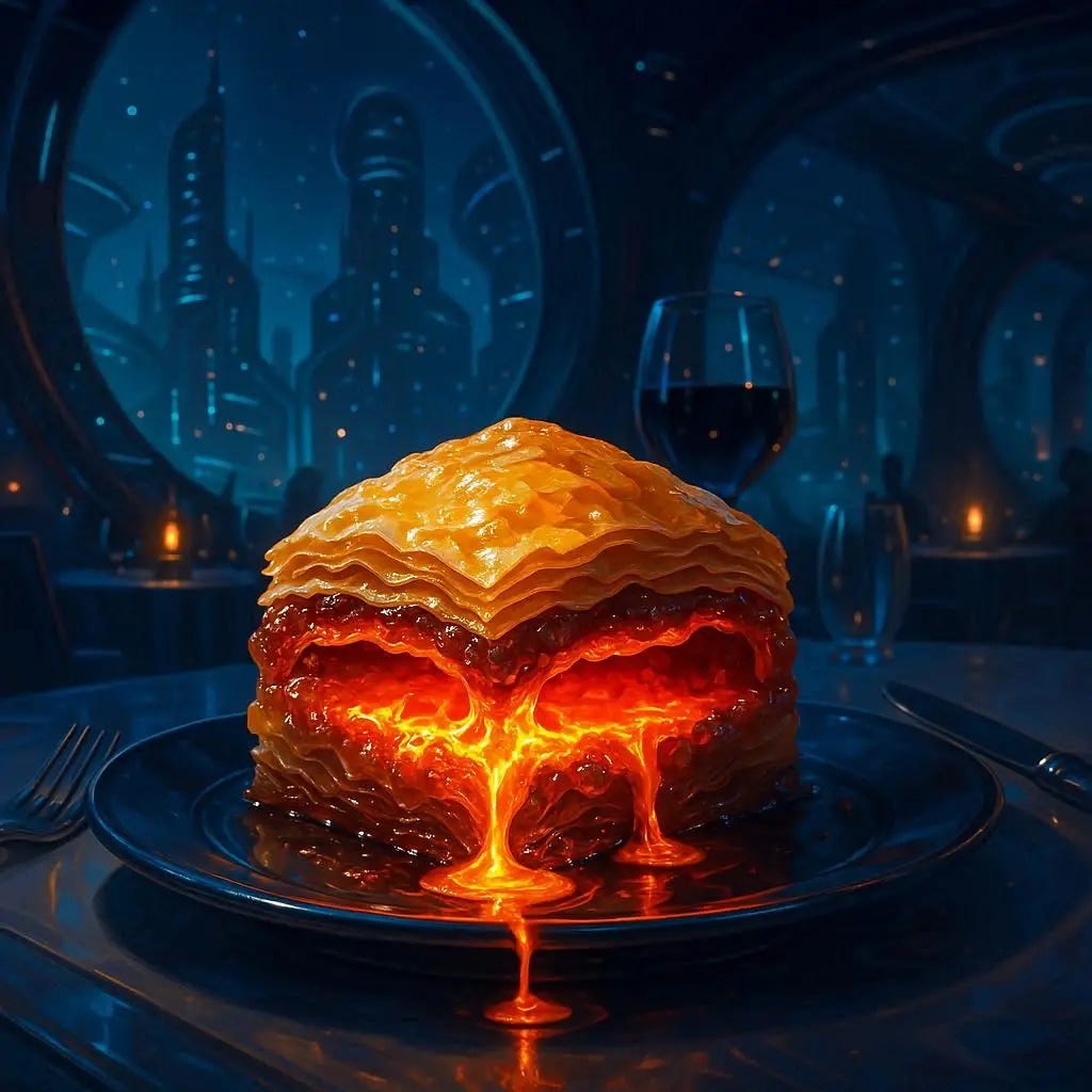 baklava with lava inside on a fancy restaurant place at night, sci-fi drawing baklava with lava inside on a fancy restaurant place at night, sci-fi drawing