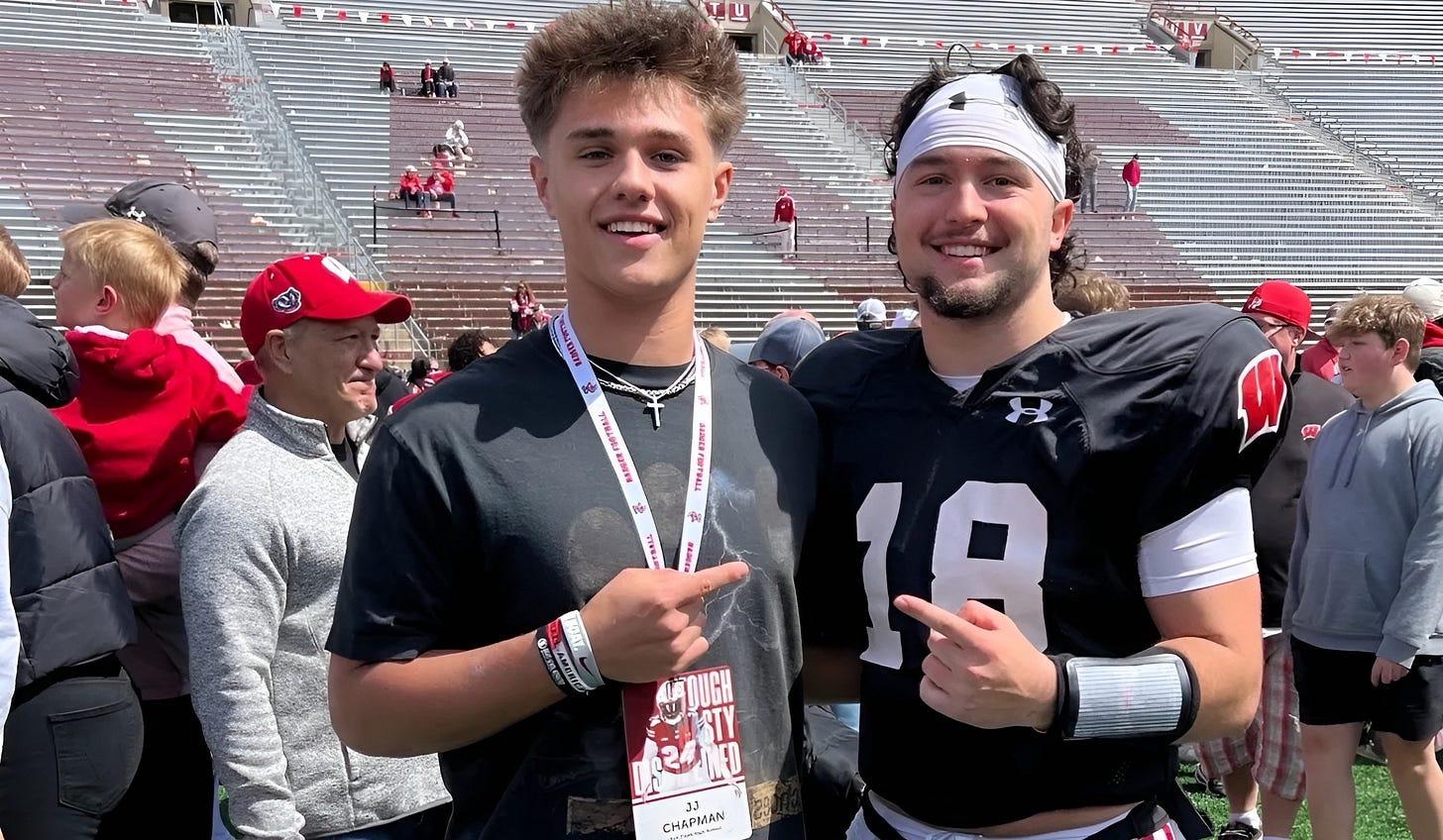 2028 Oak Creek QB JJ Chapman poses with Wisconsin Badgers QB Danny O’Neil 2028 Oak Creek QB JJ Chapman poses with Wisconsin Badgers QB Danny O’Neil
