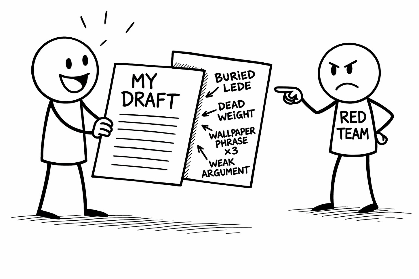 Black-and-white hand-drawn sketch showing a smiling stick figure proudly holding up a document labeled 'My Draft' while behind it an AI red team's damage report is visible listing buried lede, dead weight, wallpaper phrase x3, and weak argument, with an angry stick figure labeled 'Red Team' pointing accusingly at the hidden problems the writer can't see. Black-and-white hand-drawn sketch showing a smiling stick figure proudly holding up a document labeled 'My Draft' while behind it an AI red team's damage report is visible listing buried lede, dead weight, wallpaper phrase x3, and weak argument, with an angry stick figure labeled 'Red Team' pointing accusingly at the hidden problems the writer can't see.