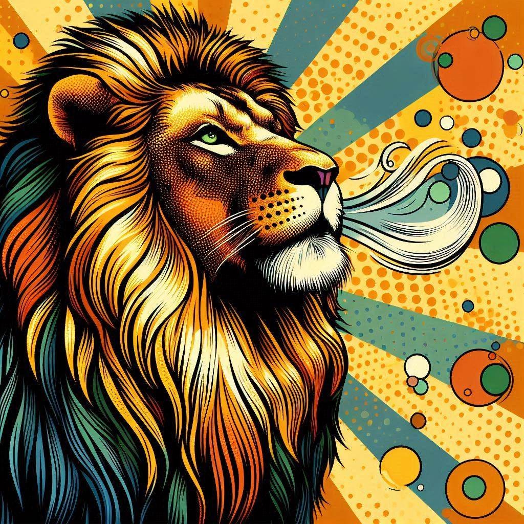 the gentle and strong lion breathes out air, pop art