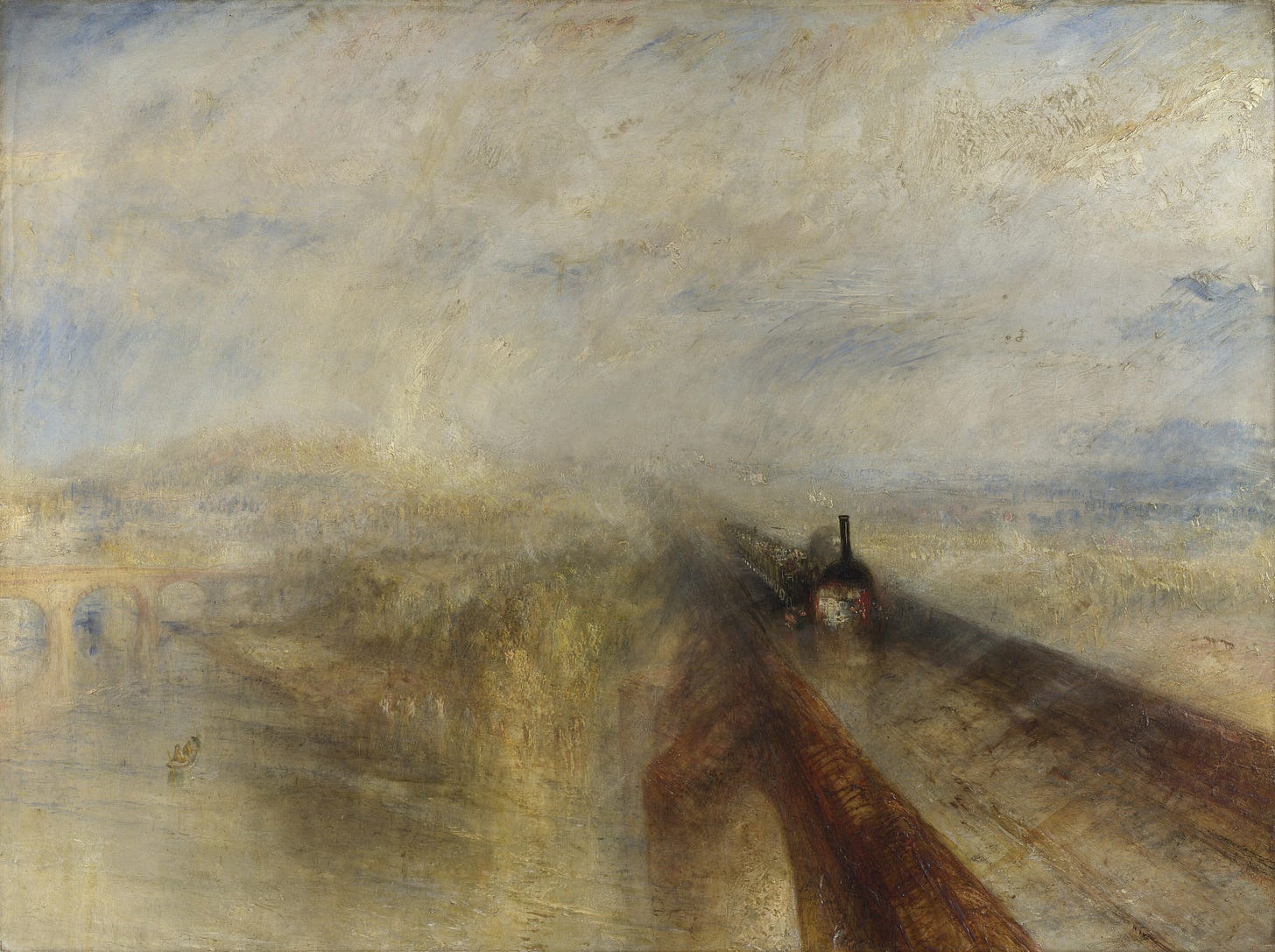 J. M. W. Turner's Rain, Steam and Speed – The Great Western Railway, showing a steam locomotive emerging through swirling rain, mist, and golden morning light across a bridge. J. M. W. Turner's Rain, Steam and Speed – The Great Western Railway, showing a steam locomotive emerging through swirling rain, mist, and golden morning light across a bridge.