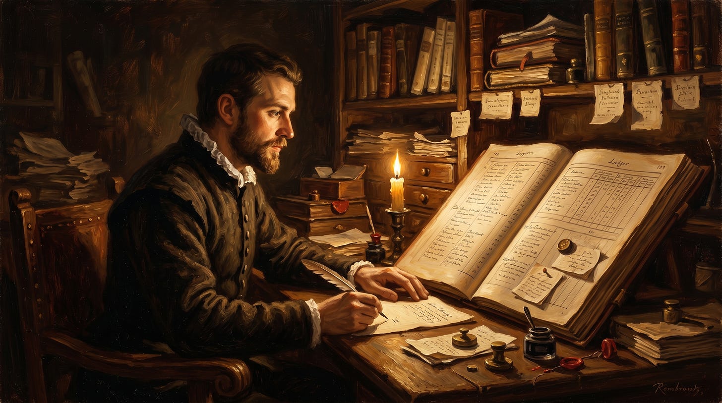 Baroque-style illustration of a record keeper using a ledger, symbolizing Claude Code operating a Notion CLI system