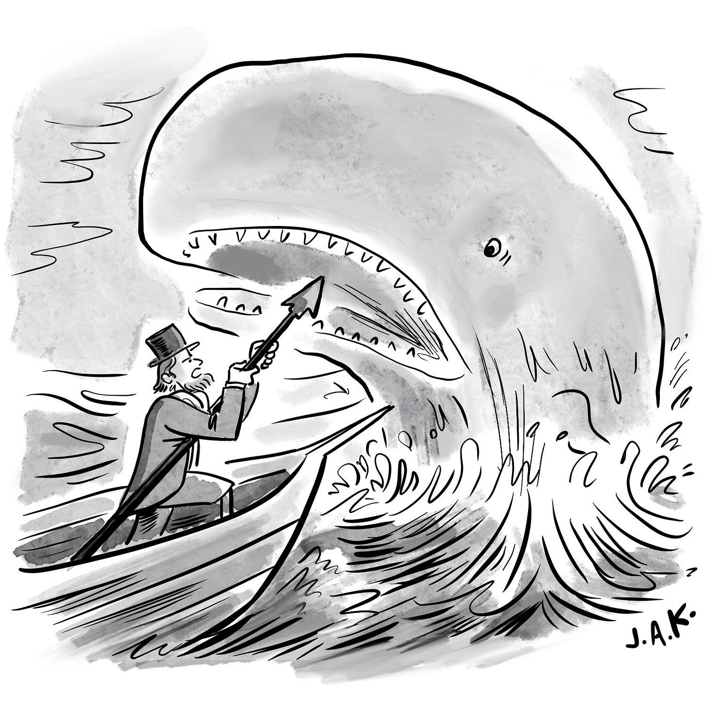 An Ahablike bearded sailor aims a harpoon at a whale and speaks to the animal.