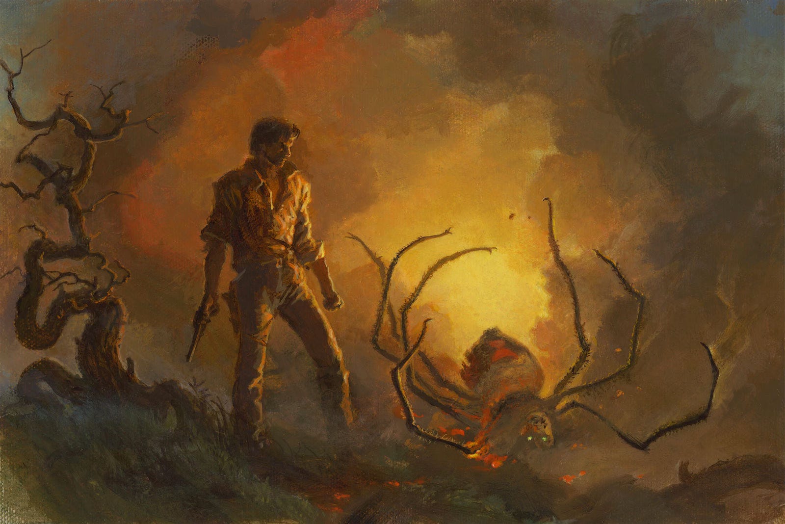 In his maimed right hand, Roland holds his big revolver pointed to the ground. His figure is cast in warm light as he stands over the smoldering corpse of Mordred in spider form. Green eyes glow as it rolls on its back with legs flailing. Flame spreads from the foremost leg on his left half—reminiscent of its transformation in another painting. A red hourglass marks Mordred's exposed belly. There is a chunk of flesh missing. Behind Roland at the edge of the canvas, a tree with a gnarled trunk twists up to skeletal branches that reach just over his height. The image has a painterly quality with bold impressions of color and light forming a background of fire tinted smoke.